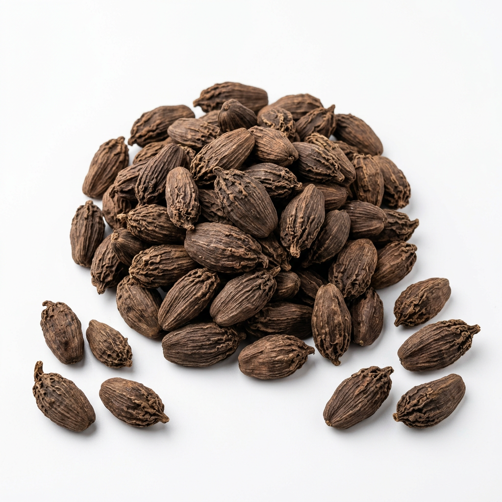 Whole Masala Elaichi (black cardamom) pods on a white background