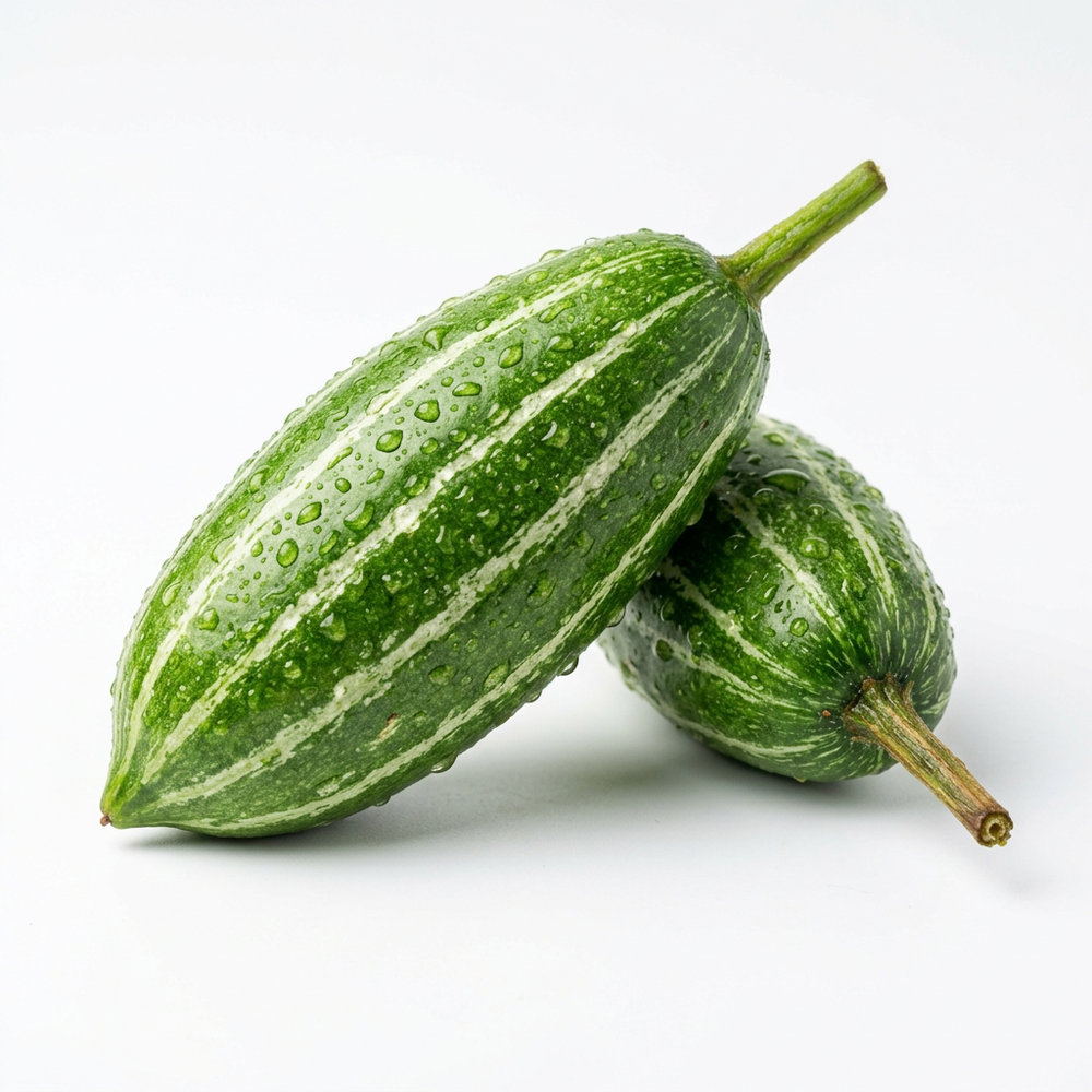 Fresh premium pointed gourd parwal with water droplets on white background