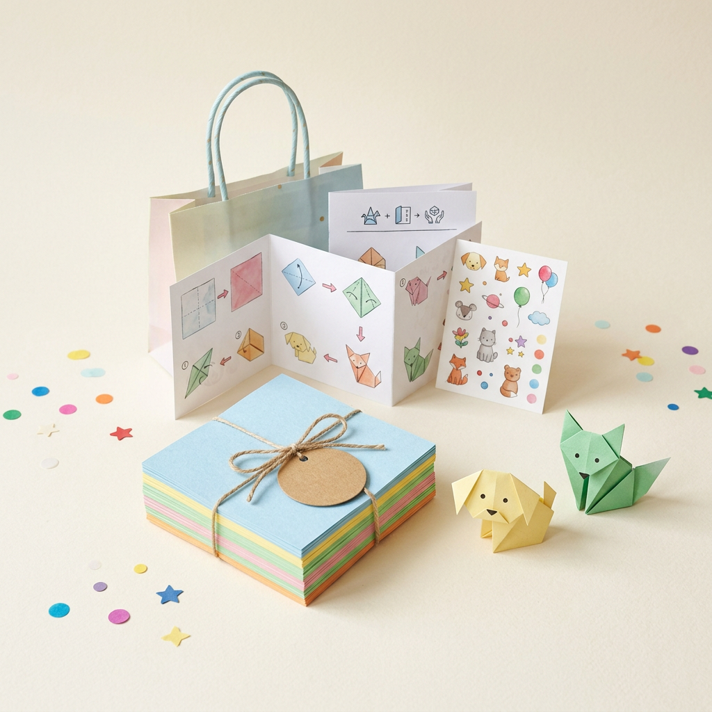 Illustrative origami gift kit with colourful paper, instruction booklet, stickers and gift bag, with example paper creations