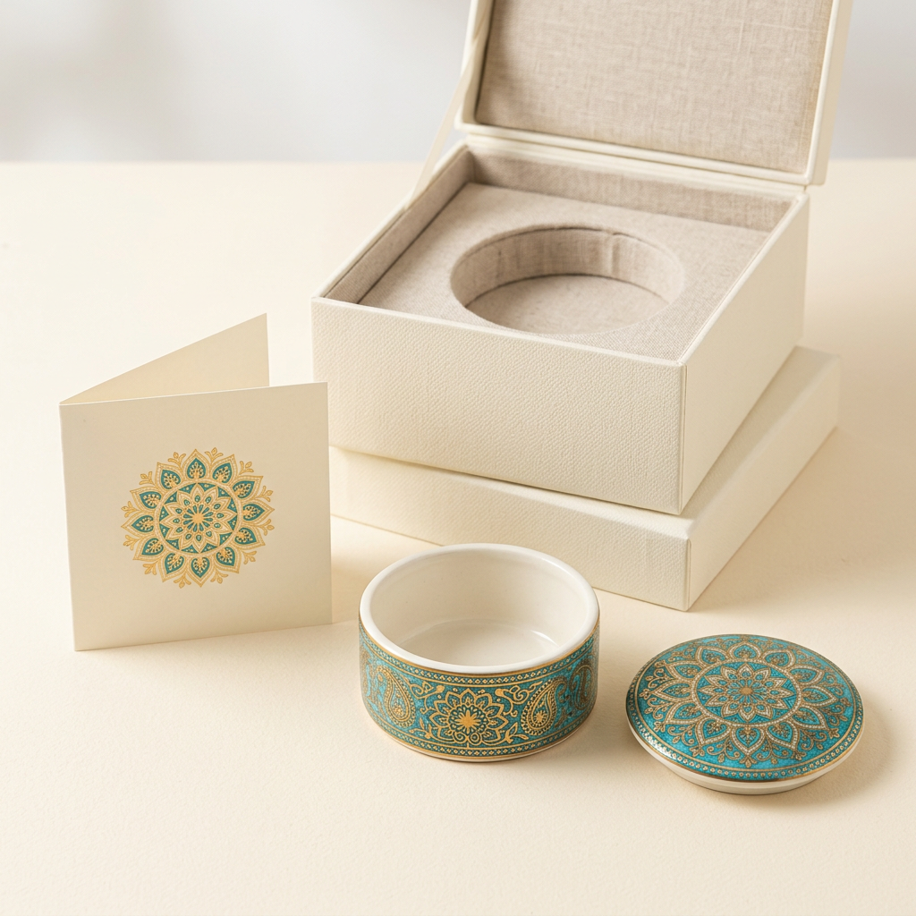 Illustrative turquoise and gold-pattern trinket box with lid, greeting card and presentation gift box