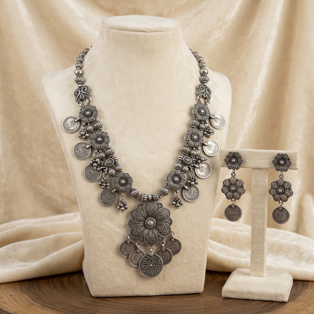 AI-generated oxidised-style necklace concept, not actual inventory