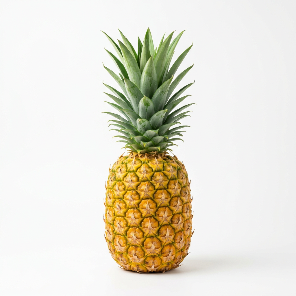 Whole pineapple with green crown on a white background