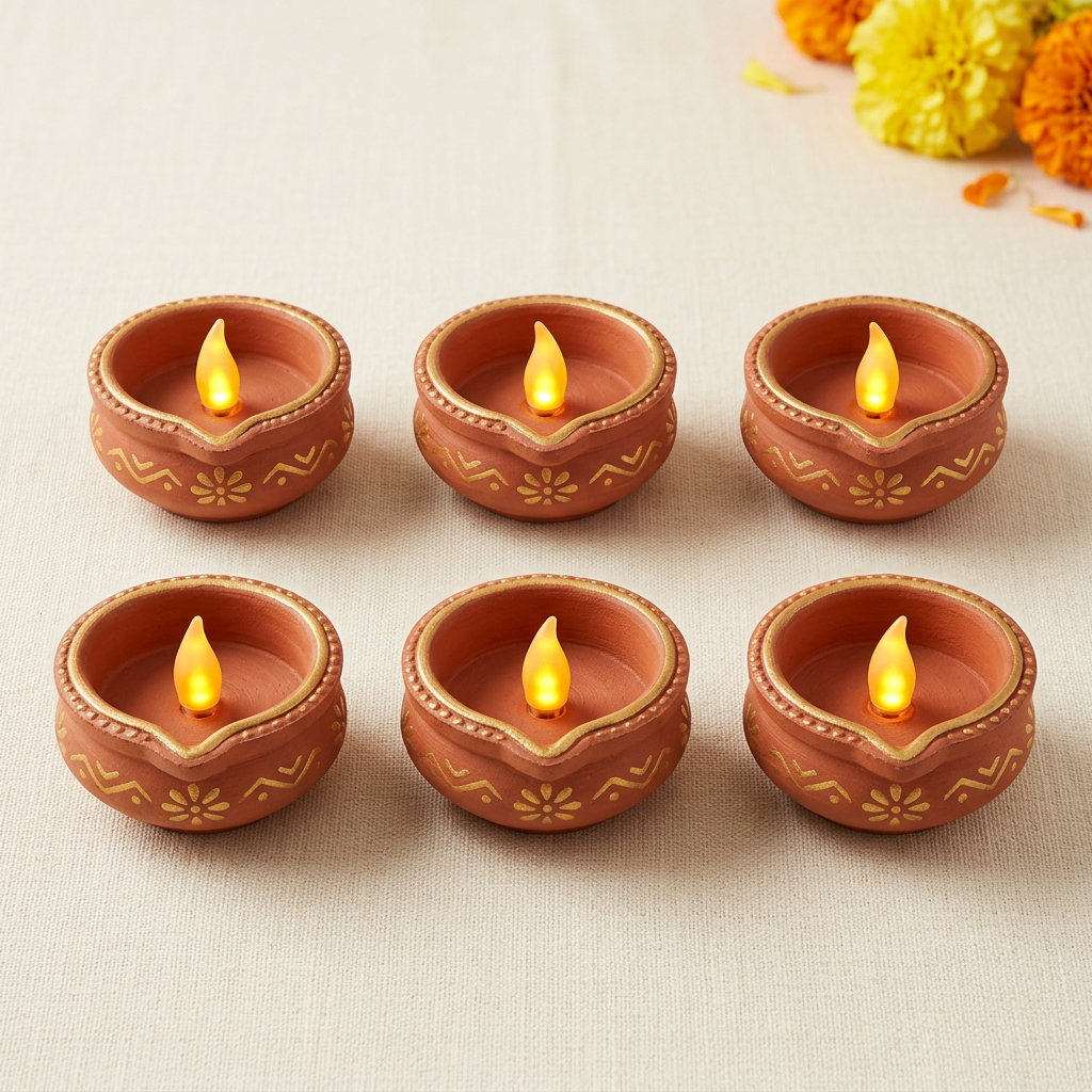 Illustrative pack of six terracotta-coloured LED diyas arranged in two rows of three