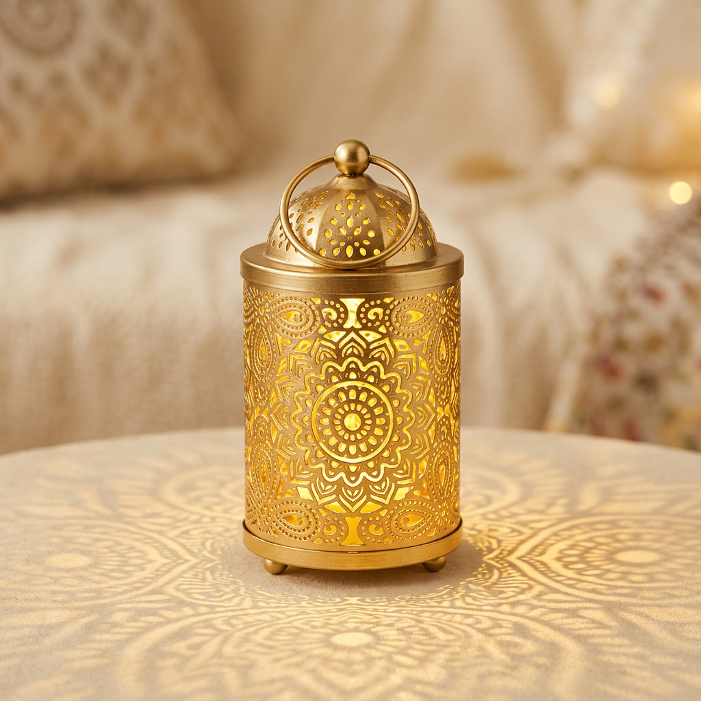 Illustrative gold-coloured mandala-cutout LED lantern casting decorative shadows