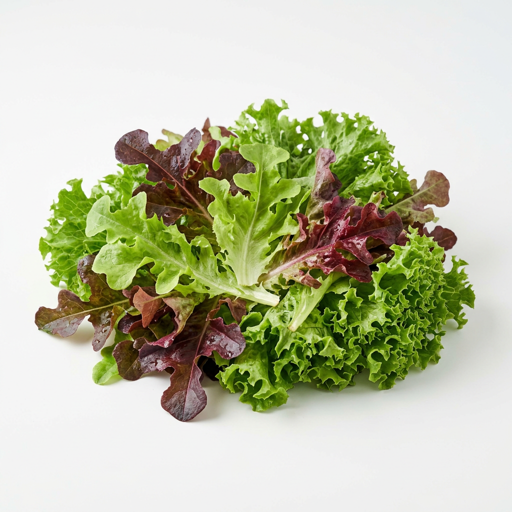 Mixed green and red lettuce leaves on a white background