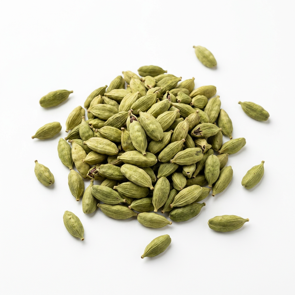 Whole green elaichi cardamom pods on a white background