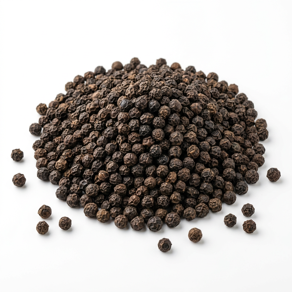 A mound of whole black peppercorns on a clean white background