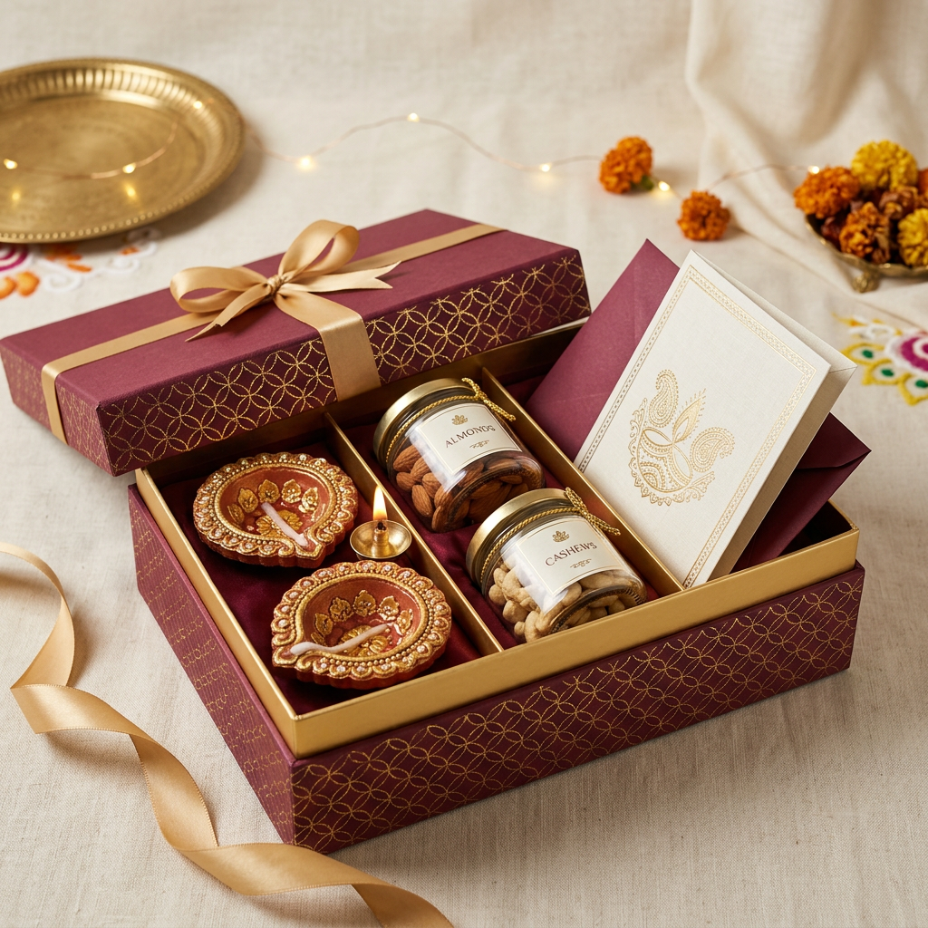 AI-generated Diwali gift hamper concept, actual contents not confirmed