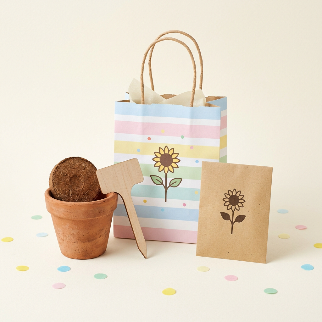 Illustrative planting gift kit with terracotta pot, coco coir disc, seed packet, wooden marker and gift bag