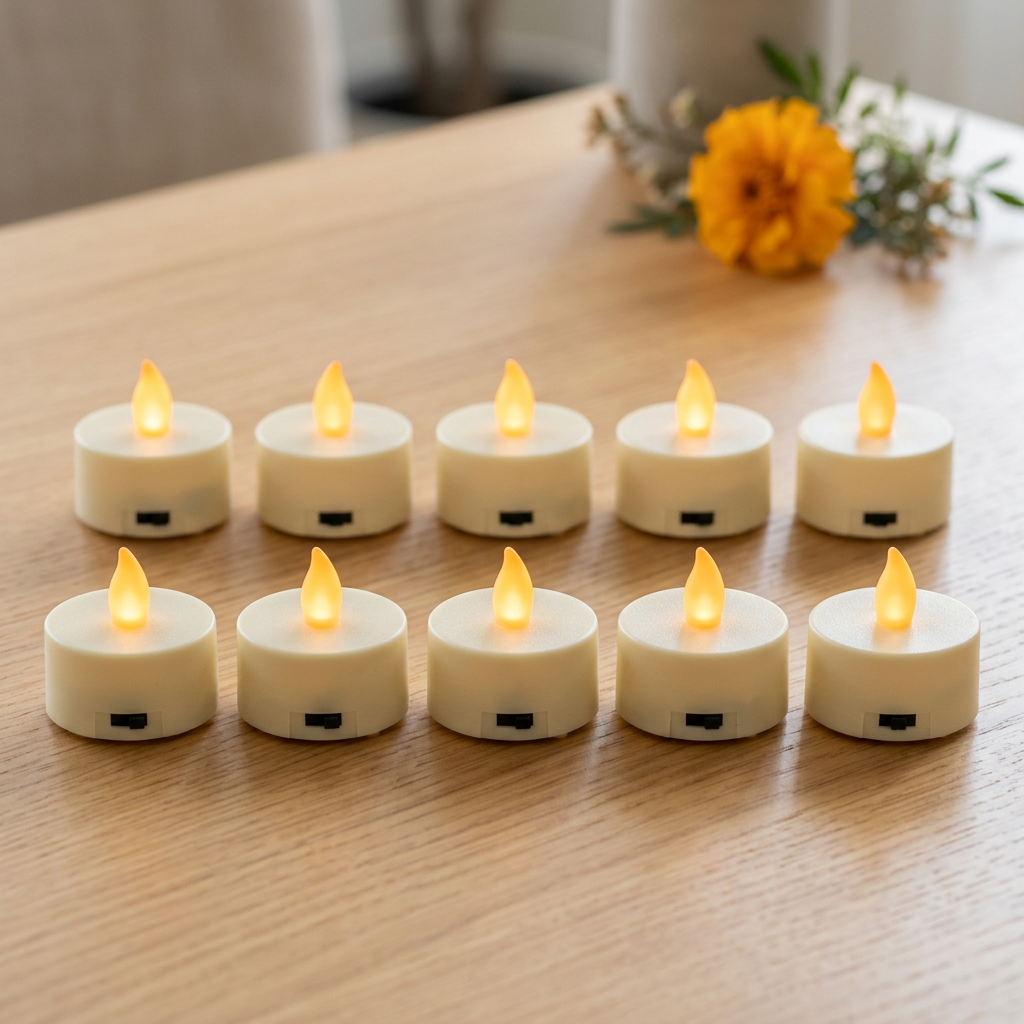 Illustrative pack of ten ivory LED tealights arranged in two rows of five