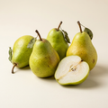 Whole pears and a sliced pear half on a light background