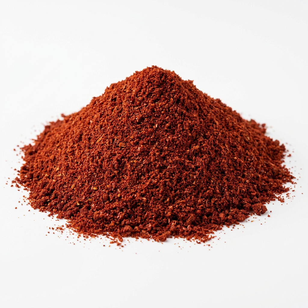A mound of finely ground red chilli powder on a clean white background