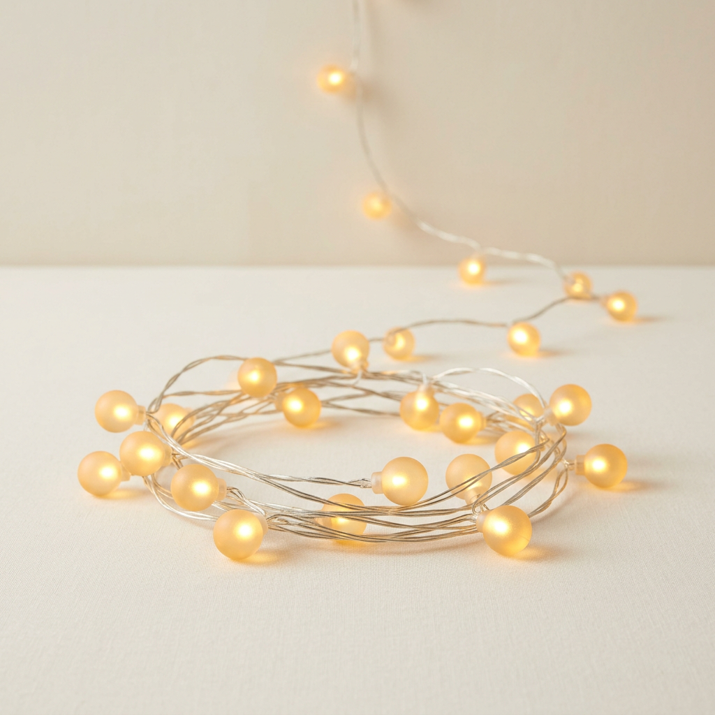 Illustrative frosted mini globe LED string lights with a warm golden glow
