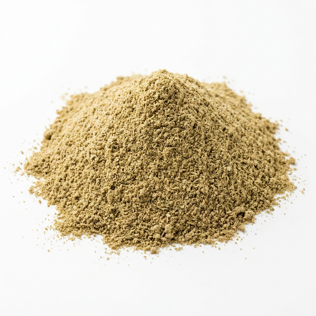A mound of finely ground coriander powder on a clean white background