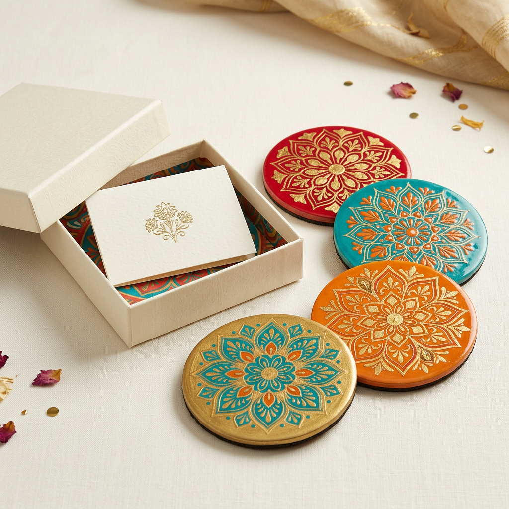 Illustrative gift set with four colourful mandala-pattern coasters, greeting card and open gift box