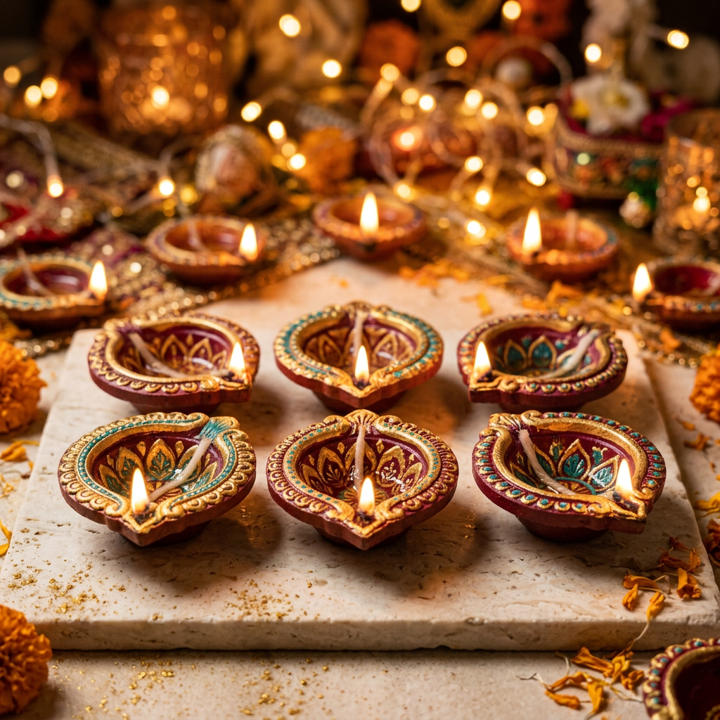 AI-generated decorated diya set concept, actual product not yet sourced