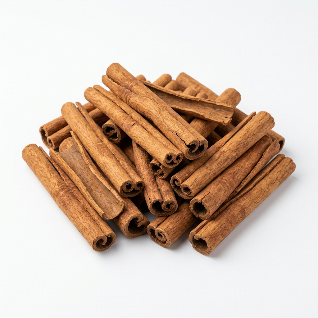 Whole dalchini cinnamon bark sticks and pieces on a clean white background