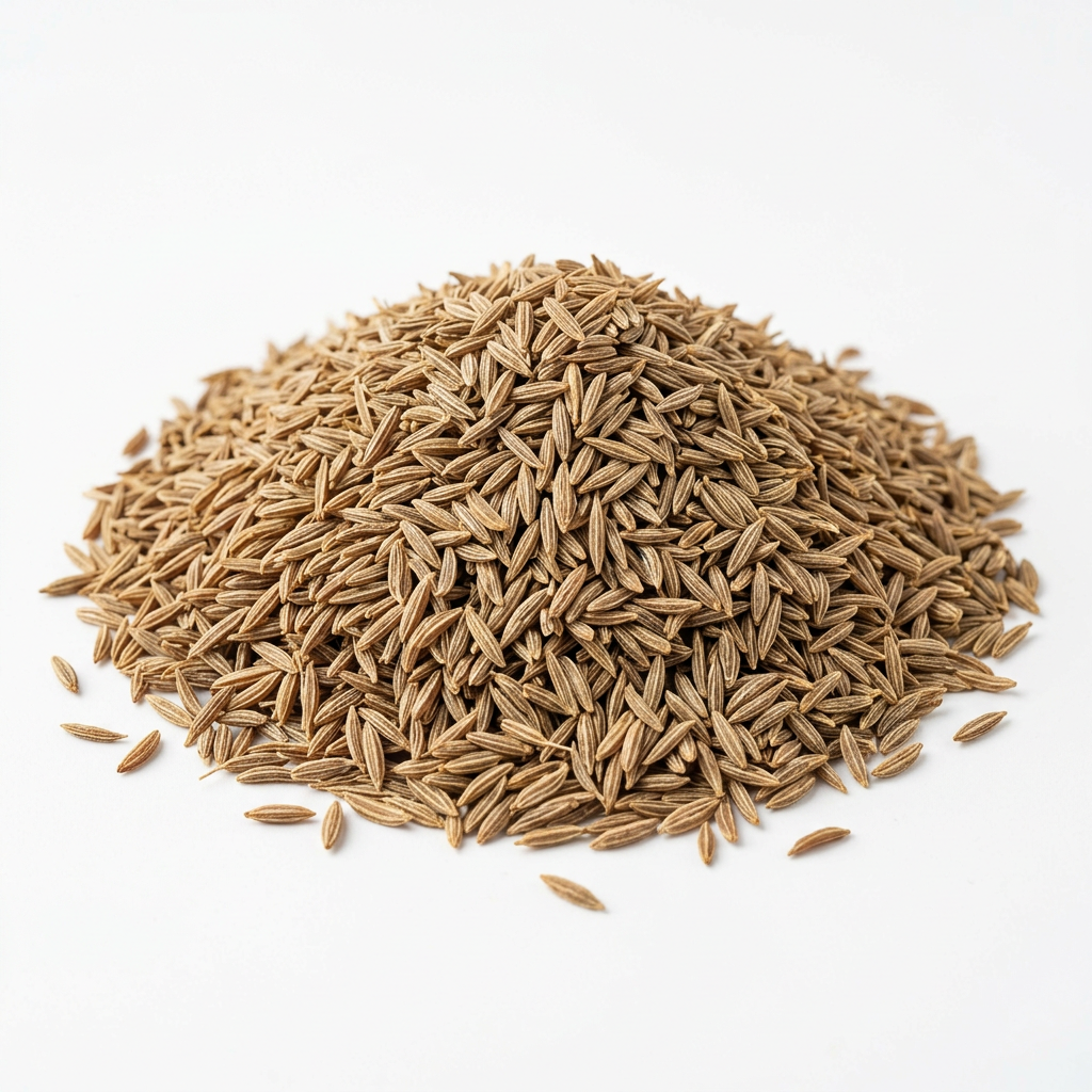 A mound of whole jeera (cumin seeds) on a clean white background