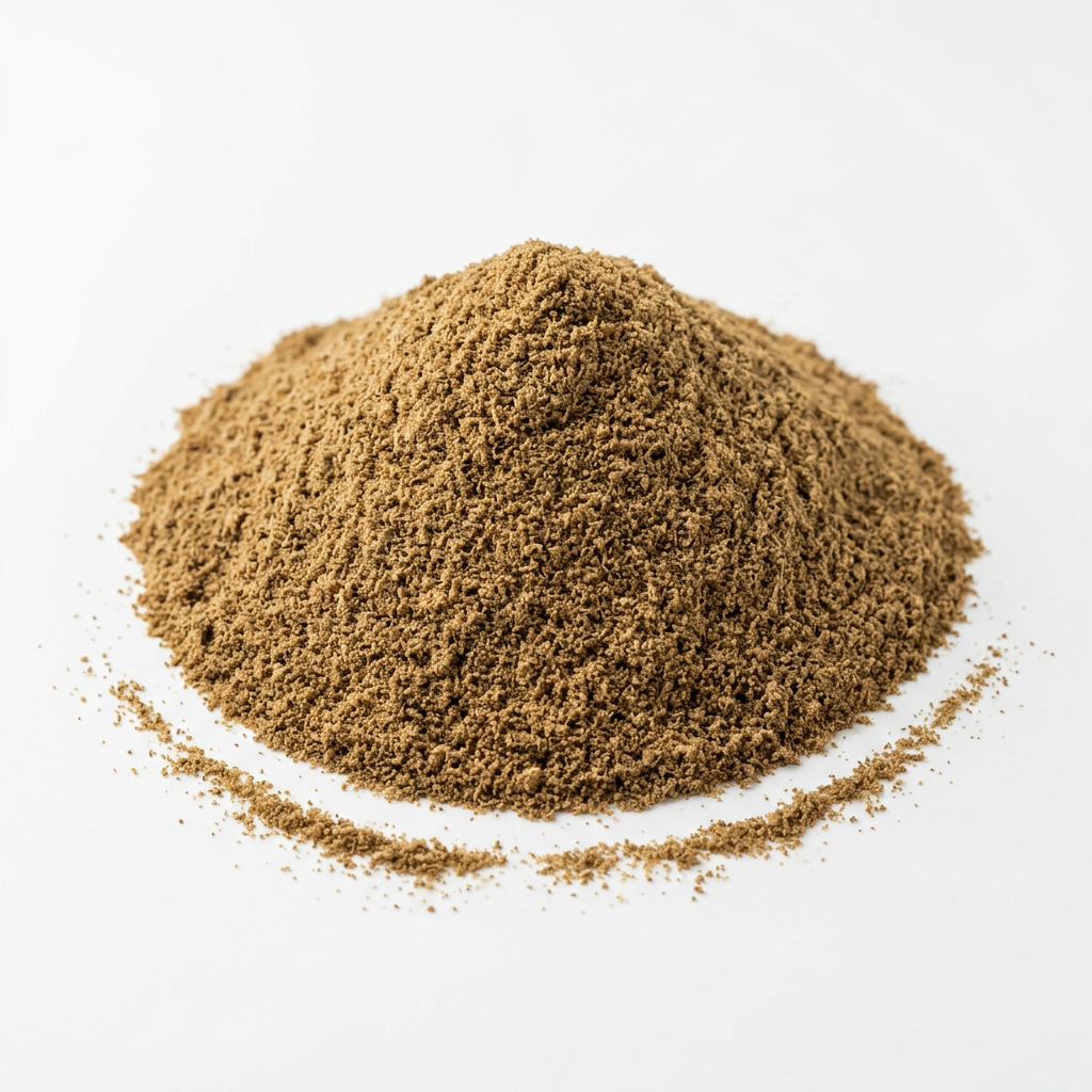 Finely ground cumin powder styled in a generous mound on a clean white background