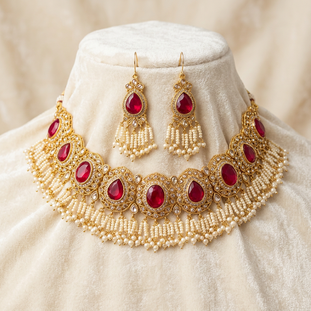 AI-generated red stone-look choker set concept, not actual inventory