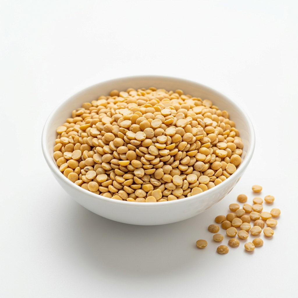 Golden yellow tur dal in a white porcelain bowl on a white background
