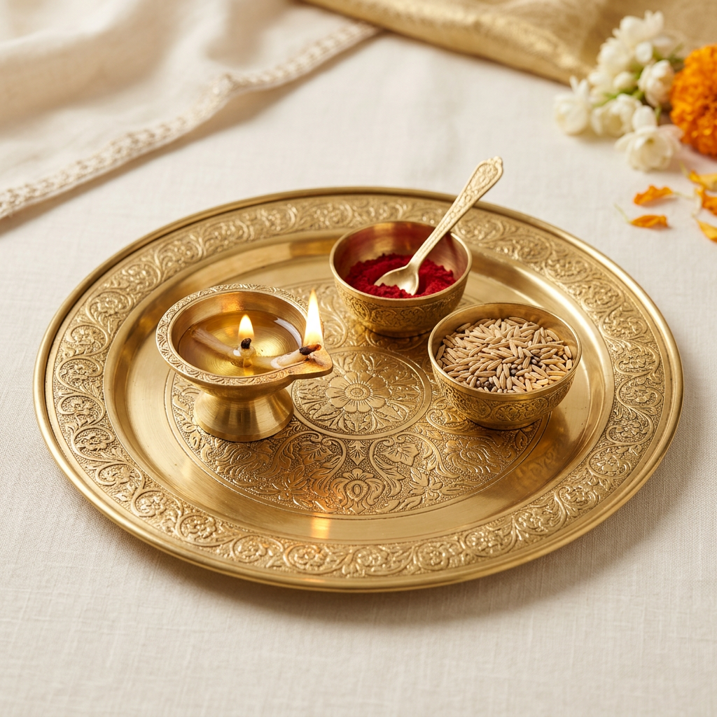 AI-generated pooja thali concept, materials and contents not confirmed
