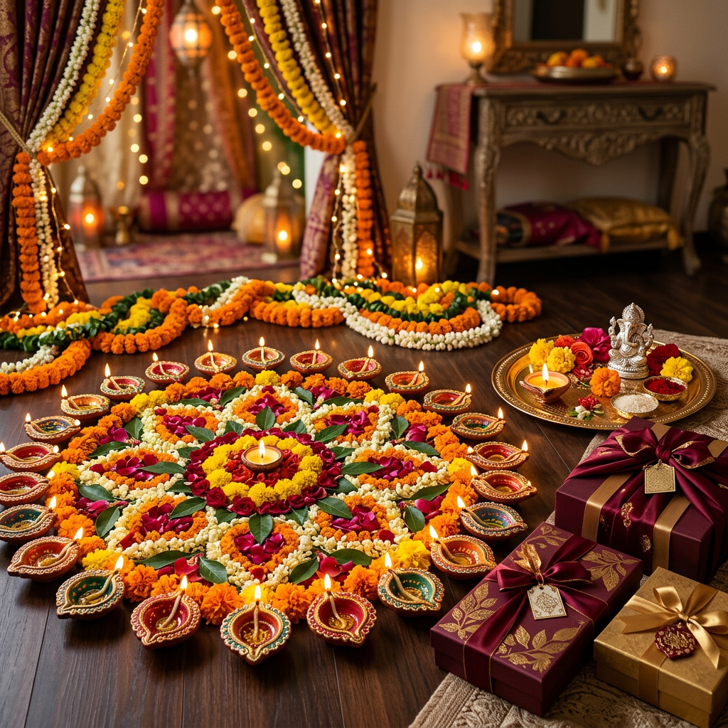 Diwali festive display with glowing diyas, rangoli, marigolds, pooja thali and gift boxes