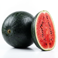 Fresh premium black shell watermelon whole and sliced showing vibrant red flesh on white background