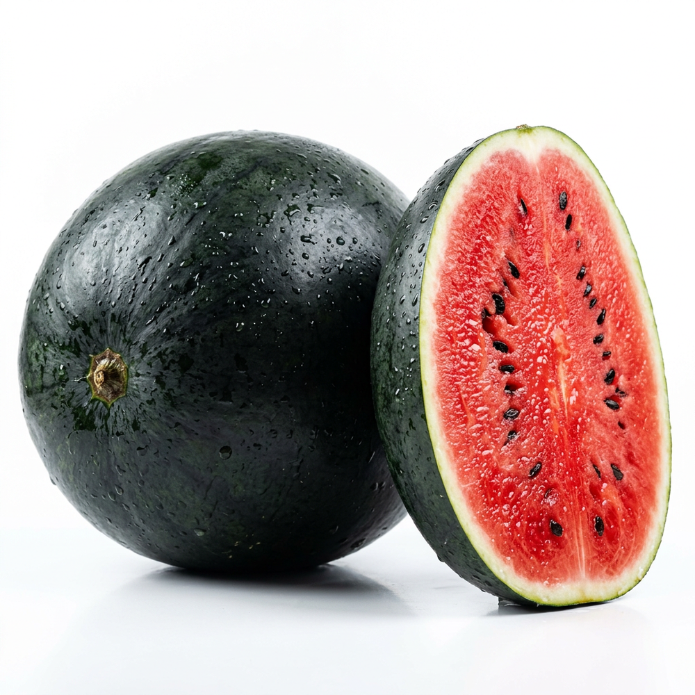 Fresh premium black shell watermelon whole and sliced showing vibrant red flesh on white background