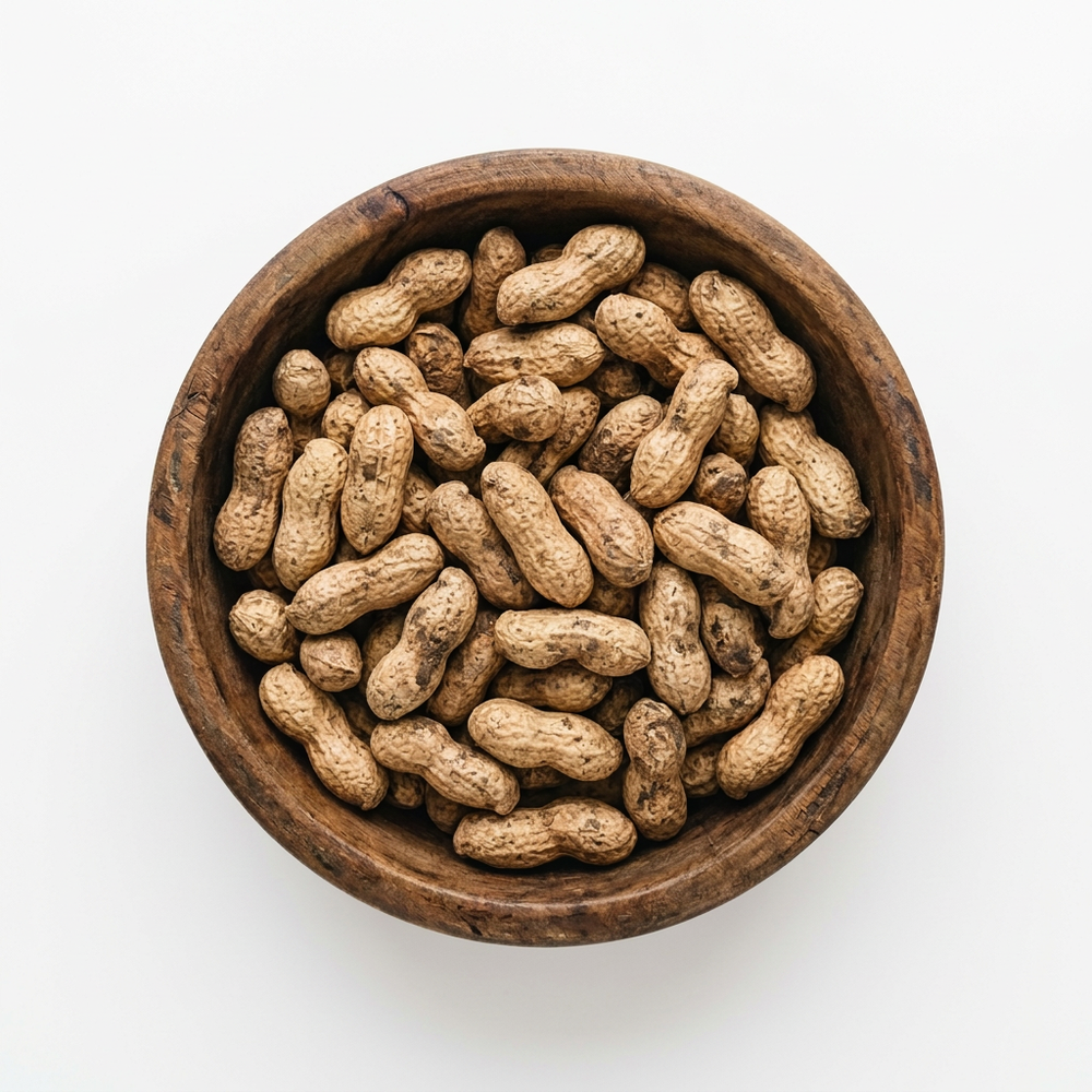 Fresh groundnuts in a wooden bowl on a white background