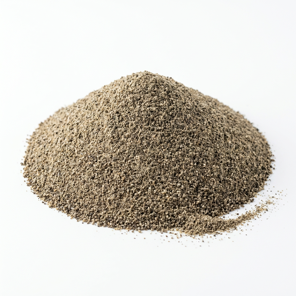 A mound of ground black pepper powder on a clean white background