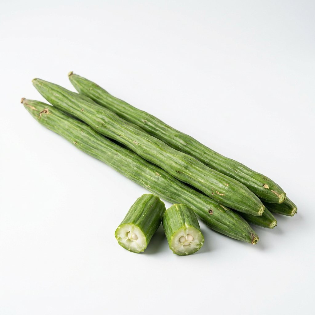 Green drumsticks (moringa pods) on a white background