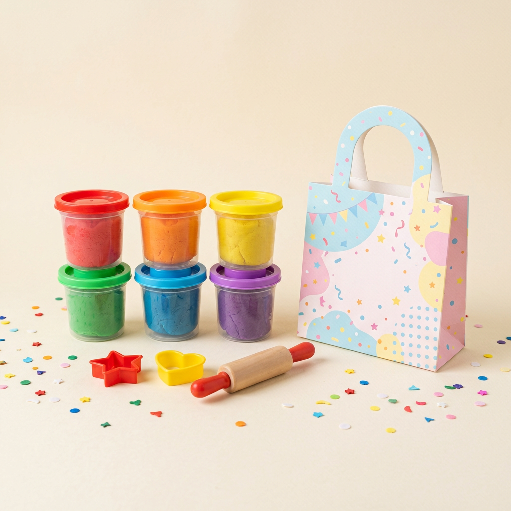 Illustrative modelling dough return gift with six tubs, two shape cutters, a mini rolling pin and a gift bag