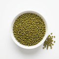 Whole green moong beans in a white porcelain bowl on a white background
