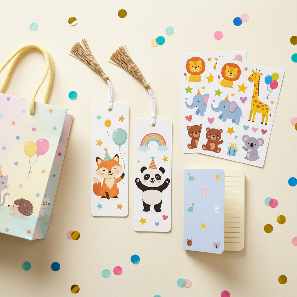 Illustrative return gift with two bookmarks, two sticker sheets, pocket notebook and gift bag