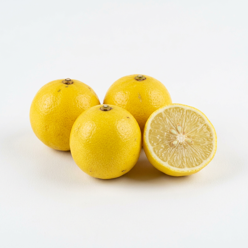 Whole yellow lemons and a cut lemon half on a white background