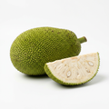 Whole raw green jackfruit and a cut wedge on a white background