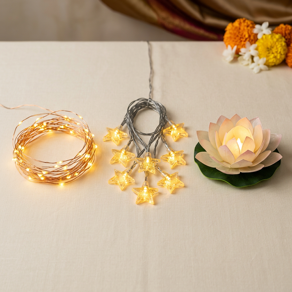 Illustrative assorted Diwali lighting set with LED string lights, star string lights and one lotus LED light