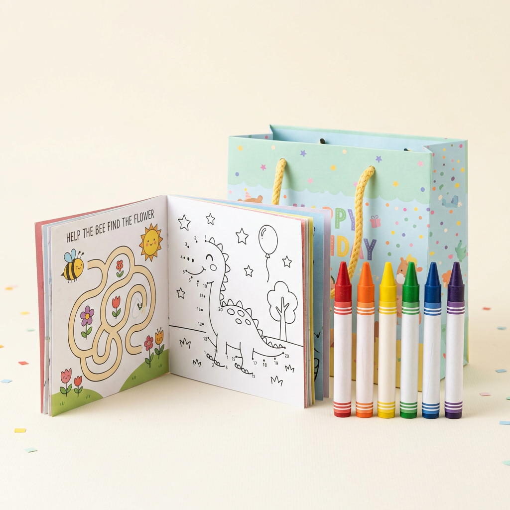 Illustrative activity return gift with activity book, six crayons and colourful gift bag