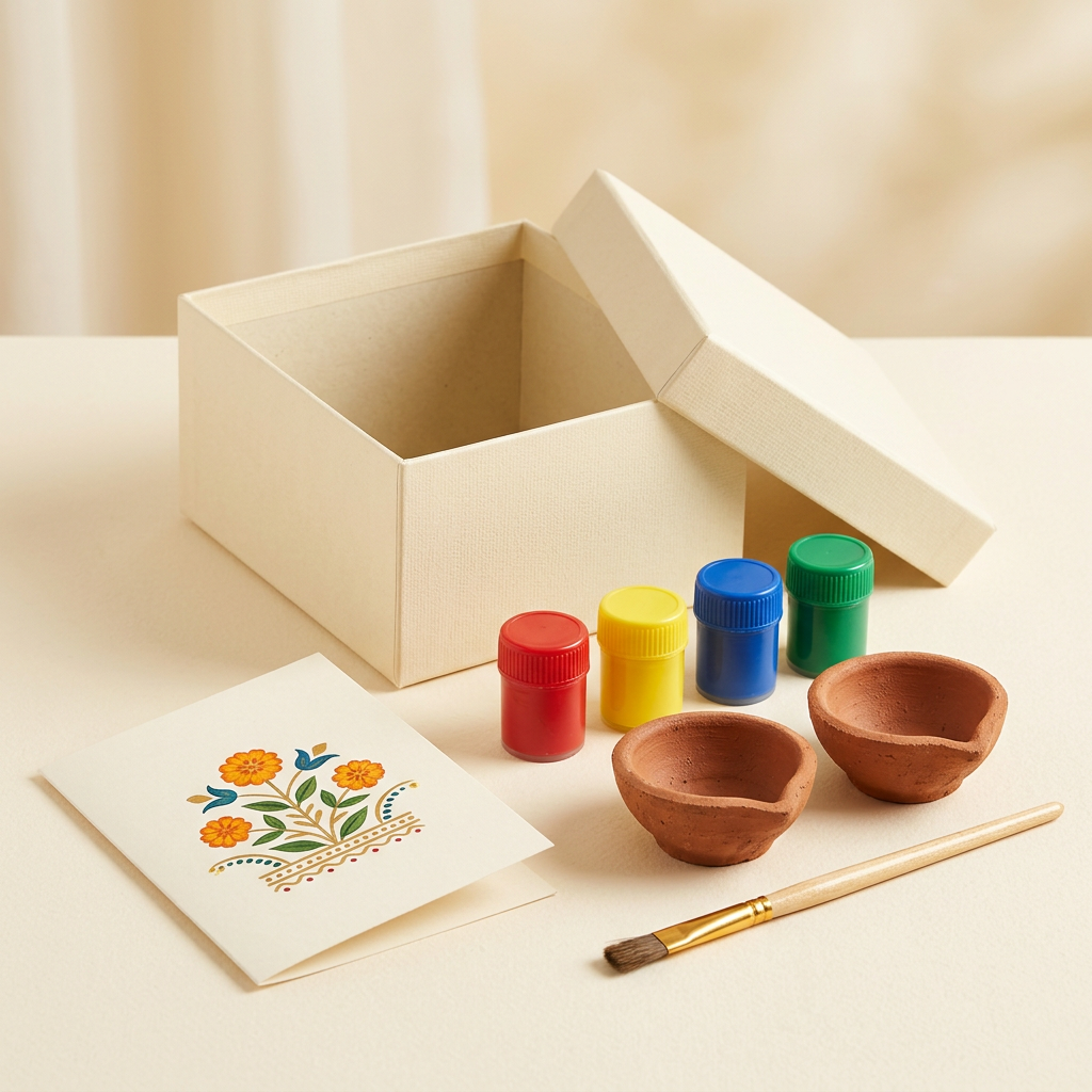 Illustrative kit with two plain terracotta diyas, four paint pots, one brush, greeting card and gift box