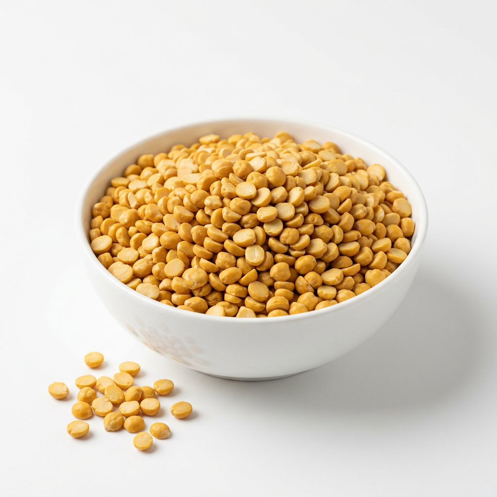 Golden yellow chana dal in a white porcelain bowl on a white background