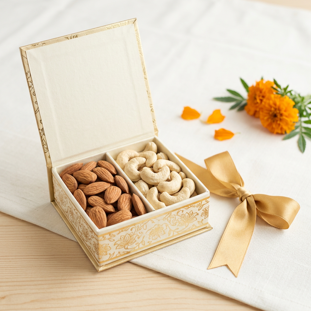 Illustrative almond and cashew return gift in a cream and gold box