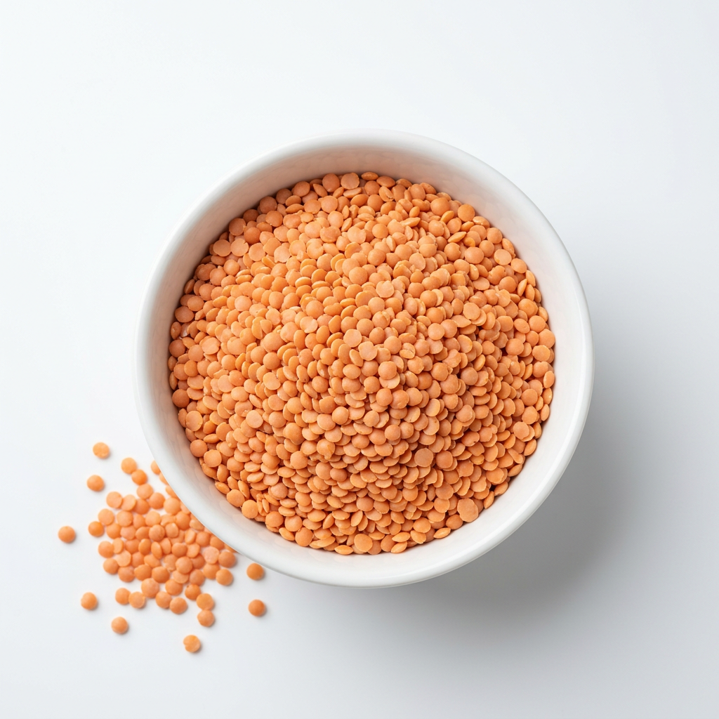 Orange split masoor daal in a white porcelain bowl on a white background
