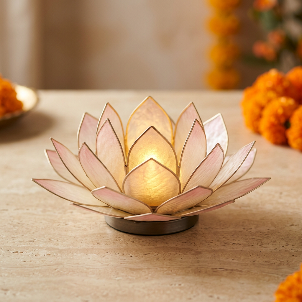 Illustrative lotus-shaped Diwali LED light with ivory and pink petals and a golden glow