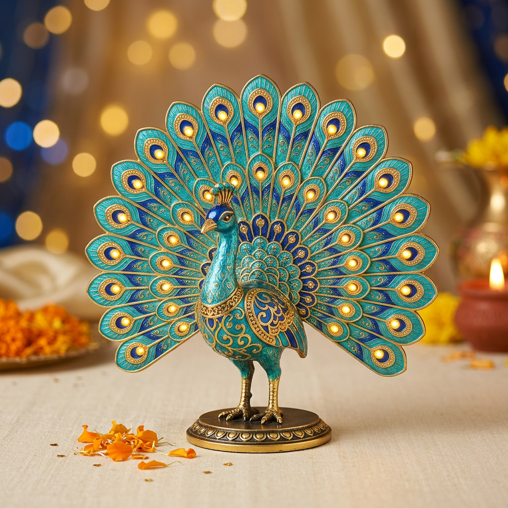 Illustrative blue and turquoise peacock-shaped decorative LED tabletop light with gold accents