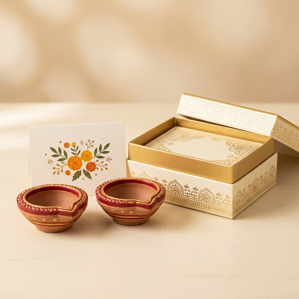 Illustrative Diwali return gift set with two decorative diyas, greeting card and open gift box