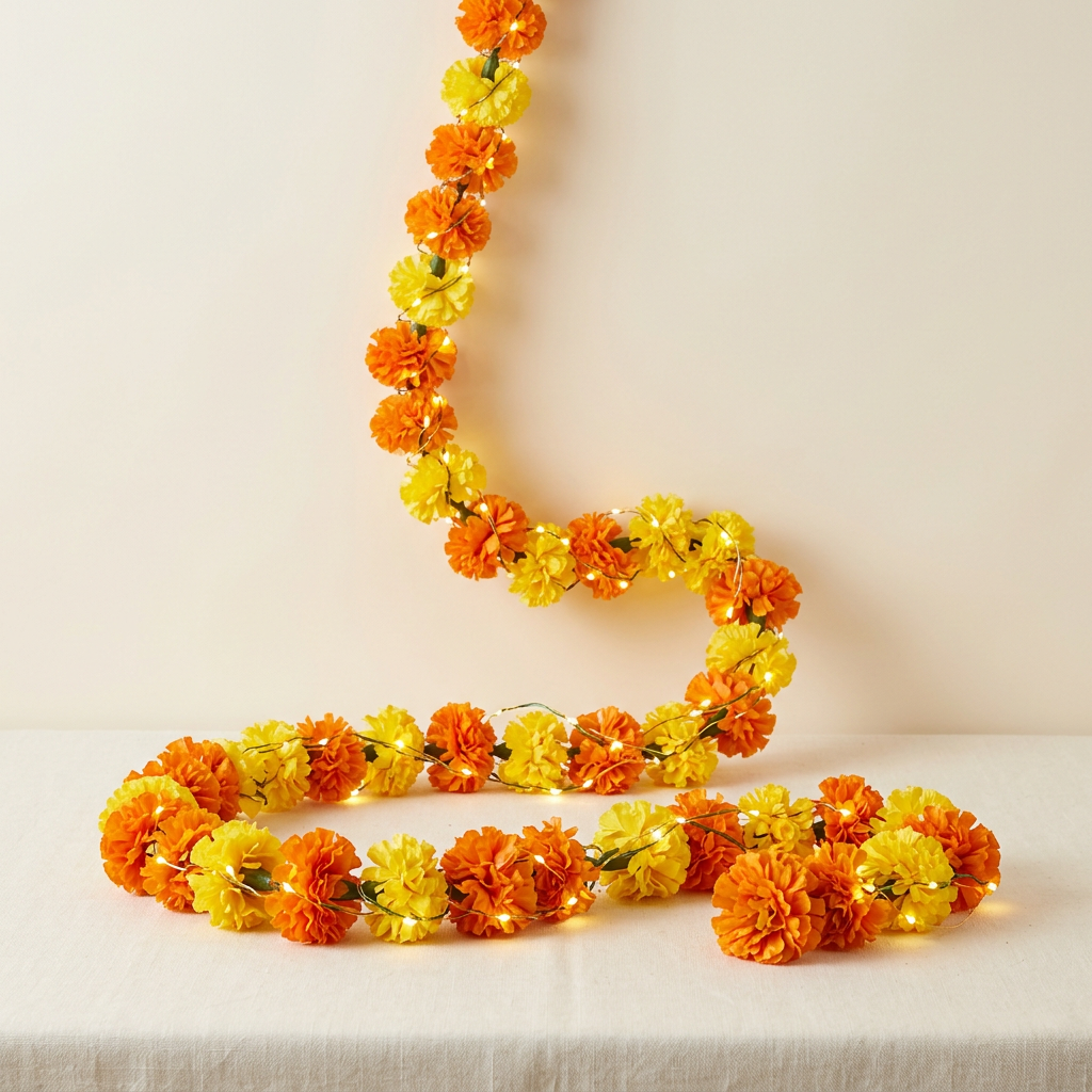 Illustrative artificial orange-and-yellow marigold garland intertwined with glowing LED lights