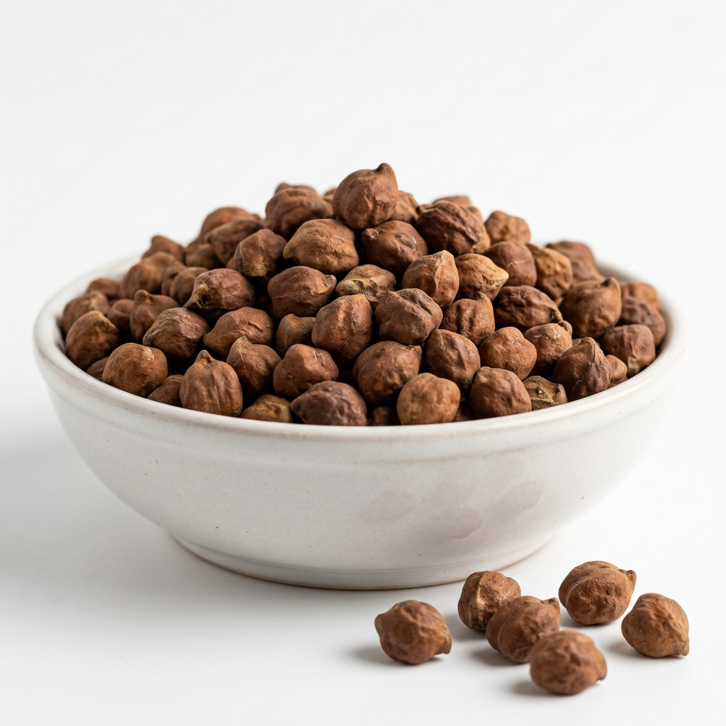 Large whole brown kala chana in a white bowl on a white background