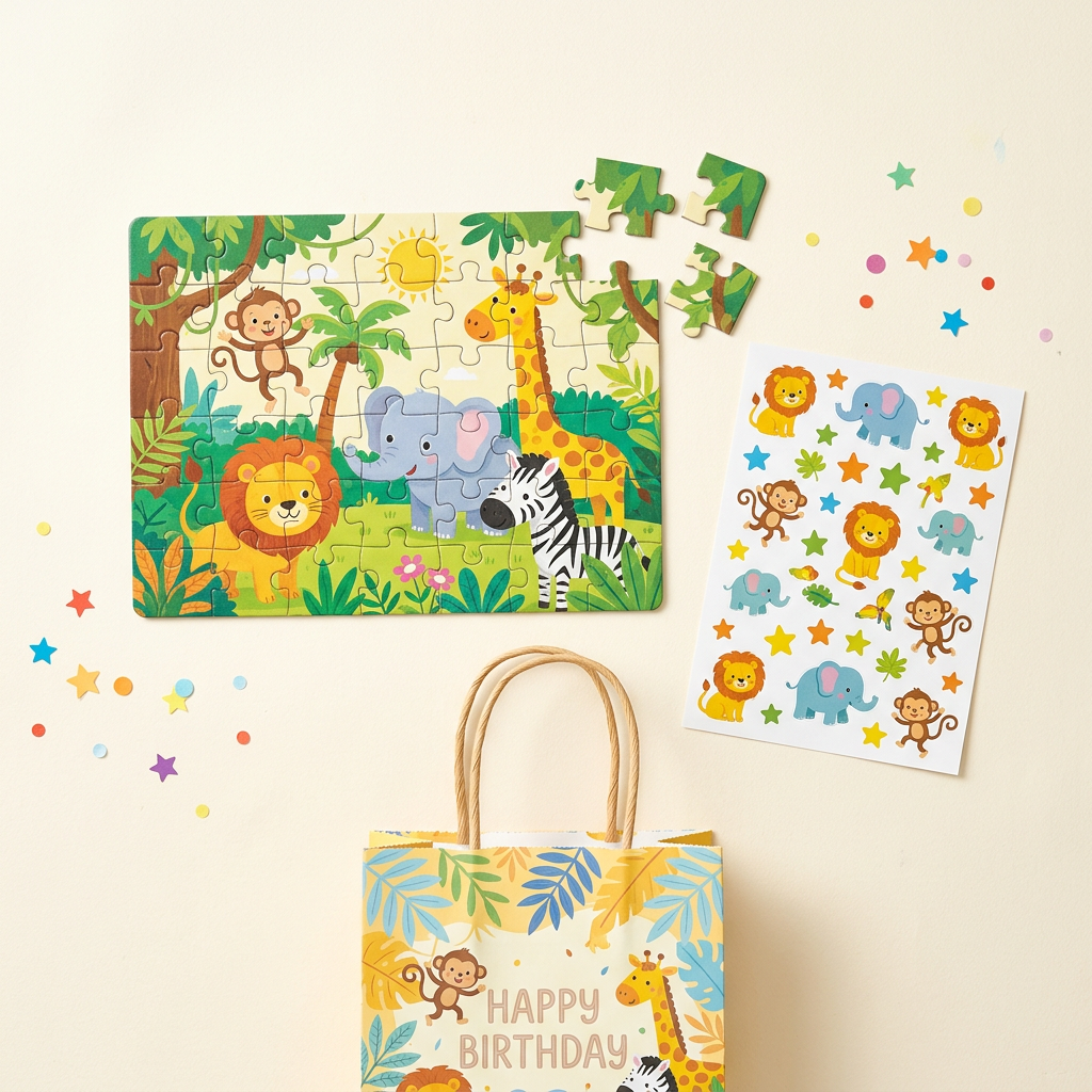 Illustrative birthday return gift with jungle-animal jigsaw puzzle, sticker sheet and colourful gift bag