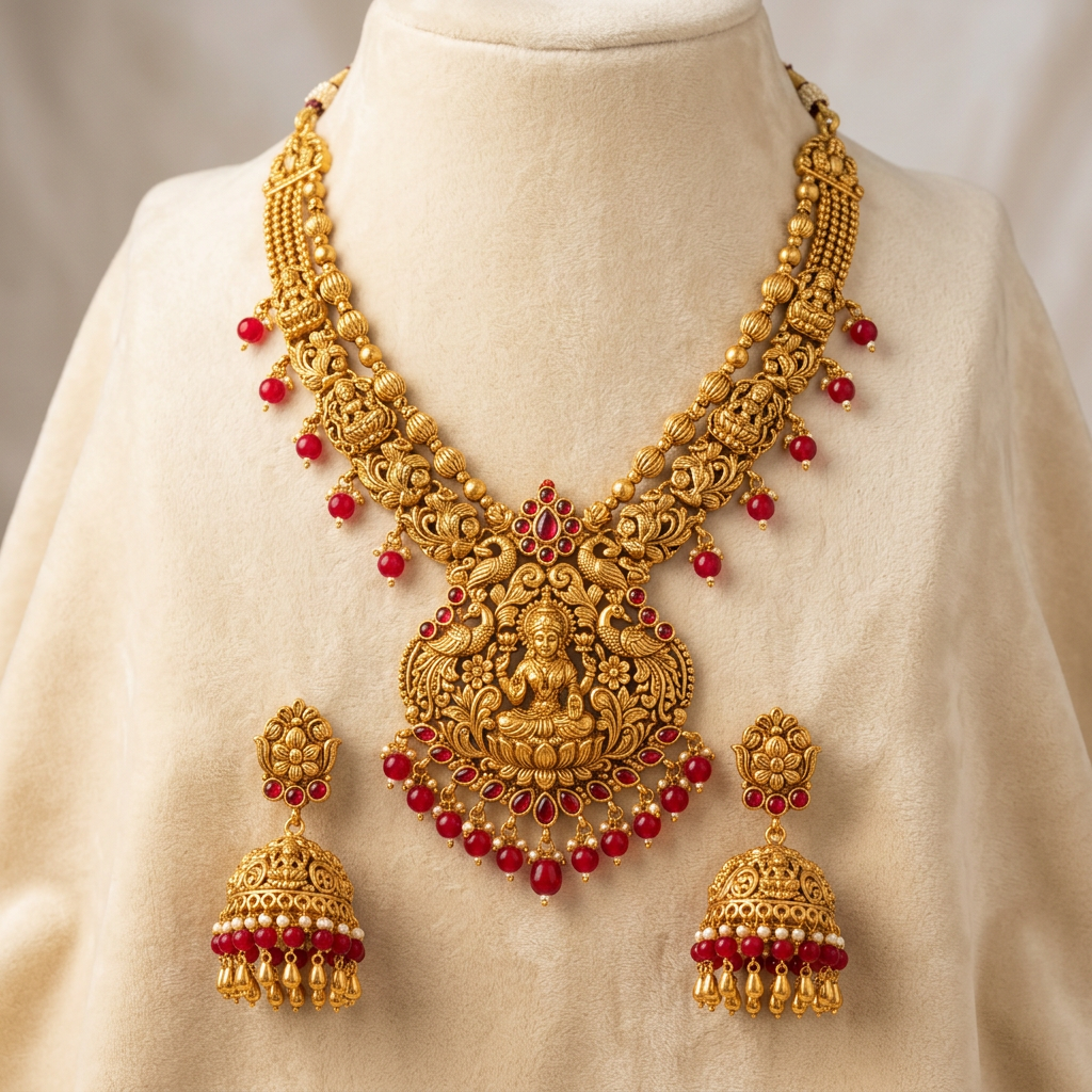AI-generated temple-style necklace set concept, not actual inventory